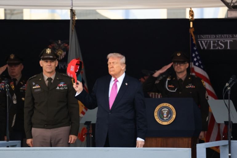 US President Donald Trump departs after delivering the commencement address at the 2025 US Military Academy Graduation Ceremony at West Point, New York, on May 24, 2025.