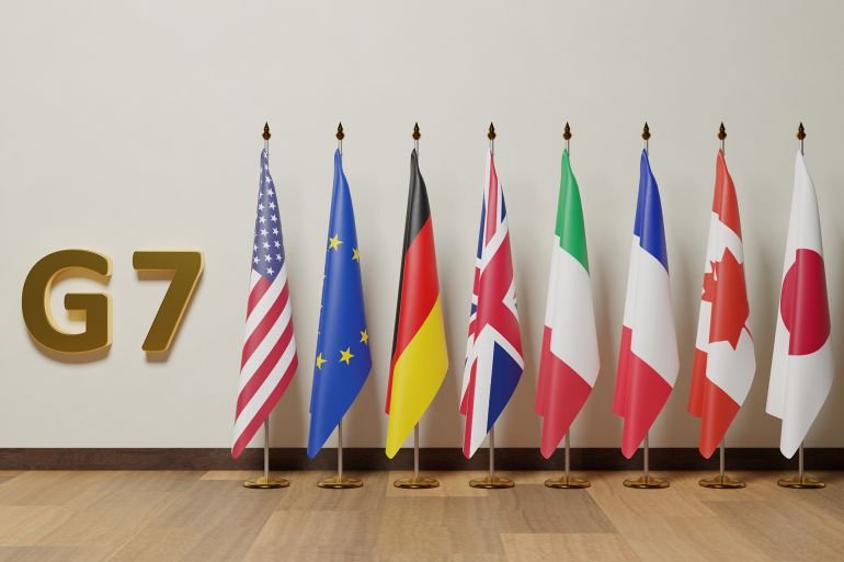 Flags of The Group of Seven (G7) is an intergovernmental political forum consisting of Canada, France, Germany, Italy, Japan, the United Kingdom and the United States; additionally, the European Union; Shutterstock ID 2367924817; purchase_order: aj; job: ; client: ; other: