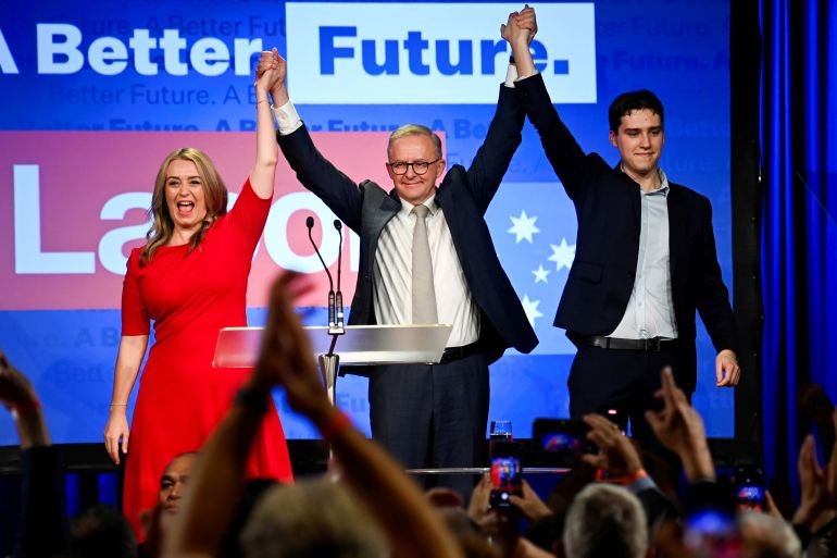 Anthony Albanese, leader of Australia's Labor Party is accompanied by his partner Jodie Haydon and son Nathan Albanese while he addresses his supporters after incumbent Prime Minister and Liberal Party leader Scott Morrison conceded defeat in the country's general election, in Sydney, Australia May 21, 2022. REUTERS/Jaimi Joy