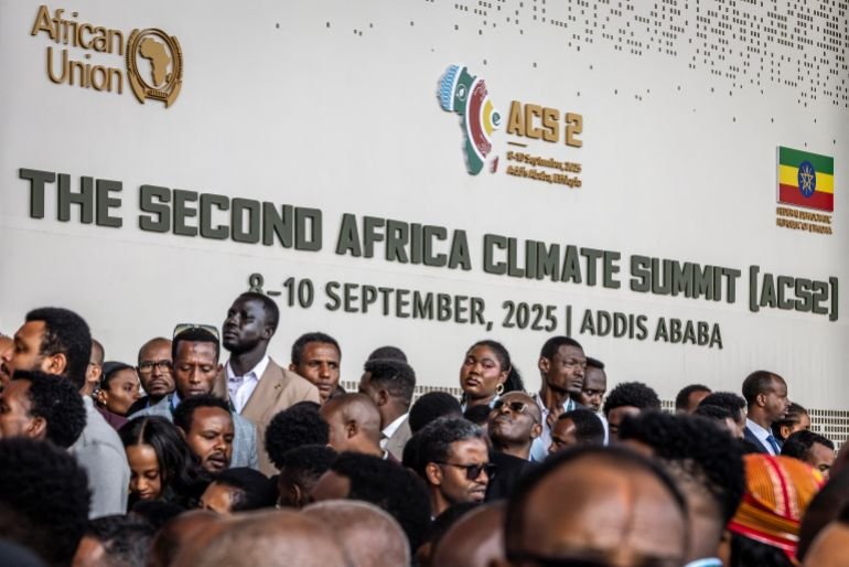 Delegates queue to enter the plenary hall for the opening of the High-Level Leaders Summit at the Second Africa Climate Summit (ACS2) in Addis Ababa, on September 8, 2025. (Photo by Luis TATO / AFP)