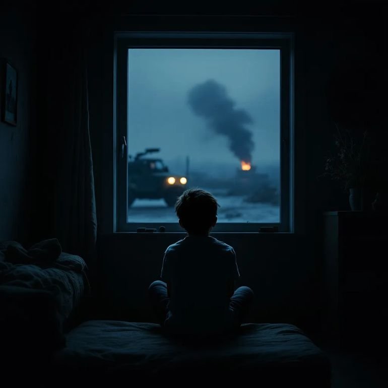 "A 12-year-old boy sitting alone in a dimly lit room, looking out of a window with a worried and sad expression, symbolizing his father’s absence. Outside, a faint military vehicle or distant smoke hints at war. The room is simple, with modest furniture, reflecting a rural home. Moody, cinematic lighting, emphasizing loneliness and childhood anxiety, realistic style."