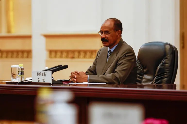 BEIJING, CHINA - MAY 15: President Isaias Afwerki of Eritrea attends a meeting with Premier Li Qiang of China at the Great Hall of the People on May 15, 2023 in Beijing, China. President Afwerki and his delegation arrived in Beijing for a four-day visit to China on President Xi Jinping's invitation. (Photo by Florence Lo - Pool/Getty Images)