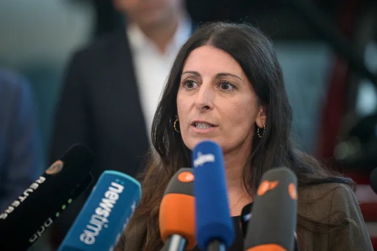 Chairperson of the General and Group Works Council of Volkswagen AG, Daniela Cavallo, gives statements after a factory tour in Hanover, Germany, August 24, 2026. REUTERS/Fabian Bimmer