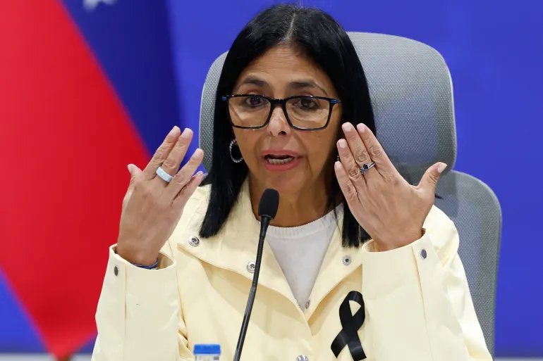 FILE - Venezuela's acting President Delcy Rodríguez speaks during a press conference in Caracas, Venezuela, on July 2, 2026. (AP Photo/Pedro Mattey, File)