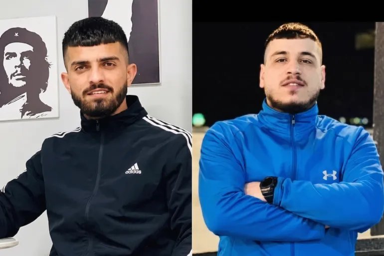 صورة ٩/ فاطمة محمود نيوز عربي جنين فلسسطين / الشهيدين مؤمن جرادات " يسار" وباسل تركمان " يمين " الذين ارتقيا مع الشهيد قيس البيطاوي في عملية الاغتيال يوم أمس .