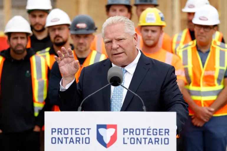Ontario's Premier Doug Ford speaks to the media after trade talks between Canada and the U.S. collapsed, at a construction site in Hamilton, Ontario, Canada, August 24, 2026. REUTERS/Carlos Osorio