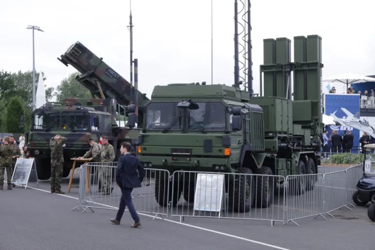 SCHOENEFELD, GERMANY - JUNE 05: Patriot (L) and Iris-T air defence systems stand on display at the 2024 ILA Berlin Air Show on June 05, 2024 in Schoenefeld, Germany. Germany has delivered several Iris-T systems to Ukraine. This year's ILA, which is hosting both civilian and military aerospace-related companies, is running from June 5-9. (Photo by Sean Gallup/Getty Images)