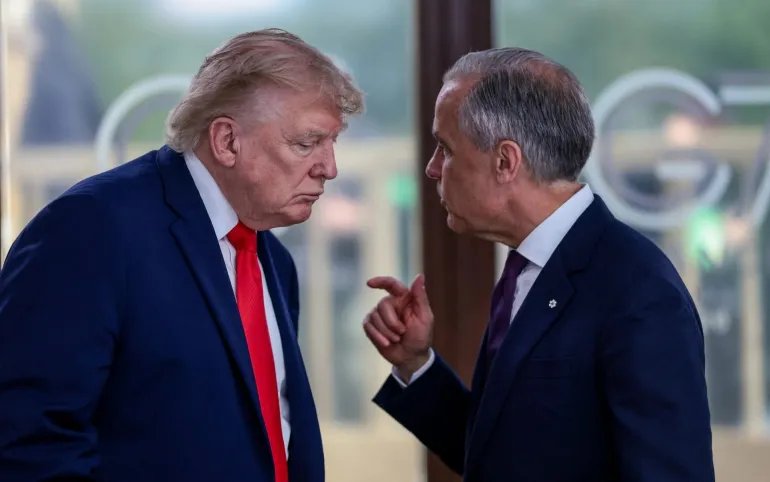 Mark Carney (right), the Canadian prime minister, needs to maintain domestic support for his confrontation with Donald Trump, the US president Credit: Evelyn Hockstein/Reuters