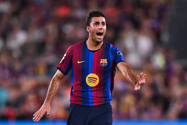 BARCELONA, SPAIN - AUGUST 31: Rodrigo 'Rodri' of FC Barcelona reacts during the LaLiga EA Sports 2026/27 match between FC Barcelona and Rayo Vallecano de Madrid at Spotify Camp Nou on August 31, 2026 in Barcelona, Spain. (Photo by David Ramos/Getty Images)