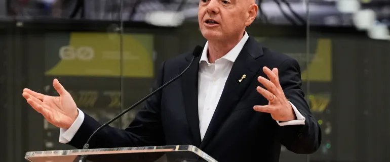 FIFA President Gianni Infantino makes comments during the opening ceremony of the International Broadcast Center Monday, June 1, 2026, in Dallas. (AP Photo/Tony Gutierrez)