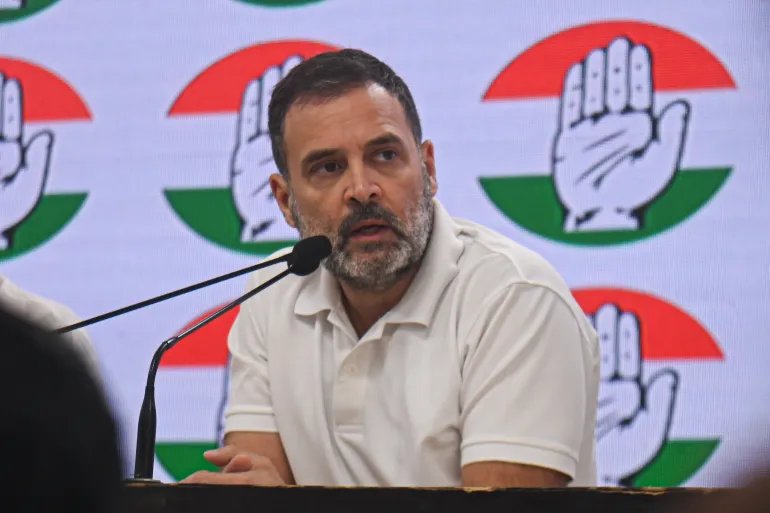 India's main opposition leader of the Indian National Congress party, Rahul Gandhi, addresses a press conference at the party headquarters in New Delhi, India on October 18, 2023. (Photo by Kabir Jhangiani/NurPhoto via Getty Images)