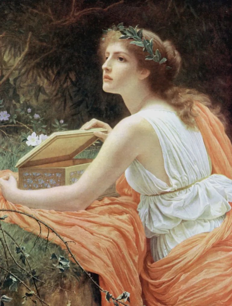 ***داخلية*** Pandora (the 'all-gifted') first mortal woman according to Hesiod. Sent by Zeus as gift to Epithemus. She brought a box which, when opened, released all world's evils. Only Hope remained. After a Victorian painting. (Photo by: Photo12/Universal Images Group via Getty Images)