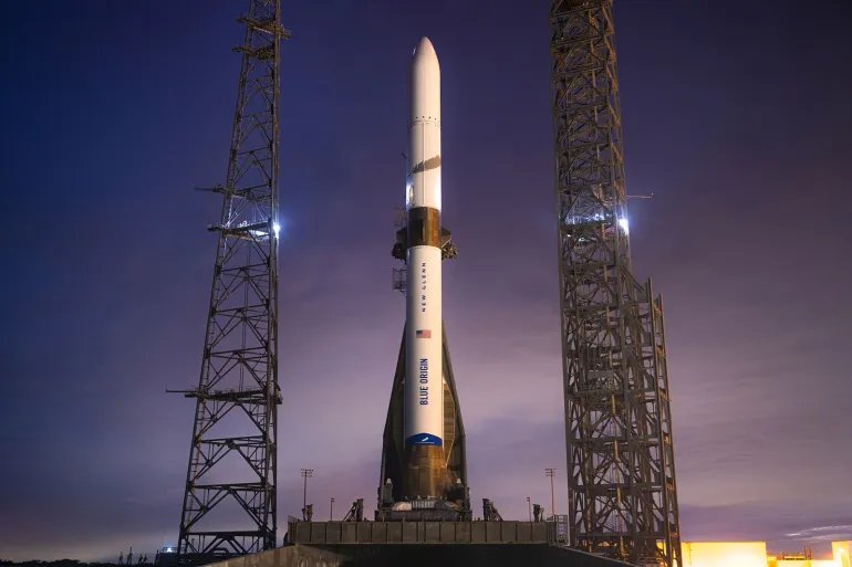 New Glenn on its launchpad after a Dec. 27 hot fire, in which the seven first-stage BE-4 engines were fired for 24 seconds. Blue Origin