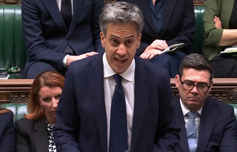 In this video grab taken from footage broadcast by the UK Parliamentary Recording Unit (PRU) via the Parliament TV website in the House of Commons on September 8, 2026, Britain's Foreign Secretary Ed Miliband delivers a speech on an import ban of goods from illegal settlements in occupied Palestinian territories.