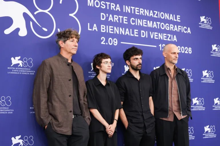 VENICE, ITALY - SEPTEMBER 10: Jonathan Glazer, Rachel Szor, Yuval Abraham and James Wilson attend the "Naza" Photocall during the 83rd Venice International Film Festival at Palazzo del Casino on September 10, 2026 in Venice, Italy. (Photo by Stefania D'Alessandro/WireImage)