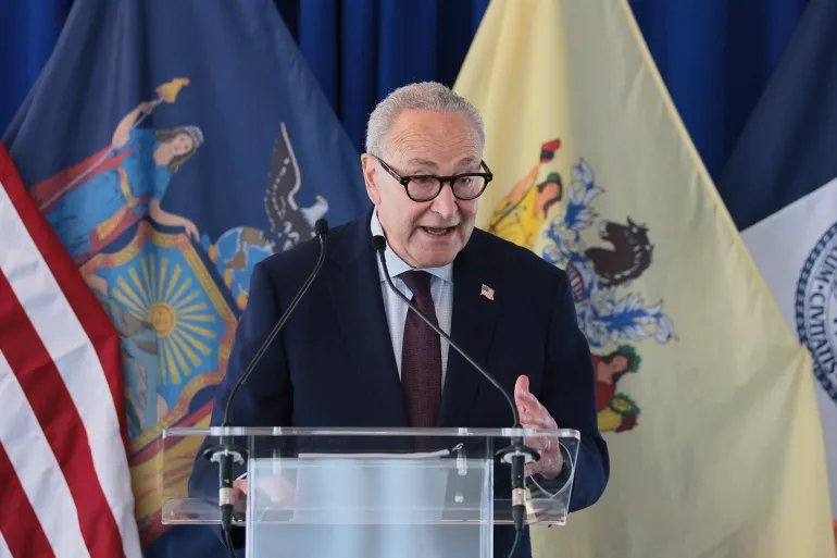 NEW YORK, NEW YORK - SEPTEMBER 10: Senate Minority Leader Chuck Schumer (D-NY) speaks during an event observing the 25th anniversary of the 9/11 terror attacks on September 10, 2026 at 7 World Trade Center in New York City. Sen. Schumer reflected on the day of the attack at the Word Trade Center and spoke about his work leading the effort to secure federal investments, policies and legislative fights that helped the recovery efforts and revitalization of Lower Manhattan. Michael M. Santiago/Getty Images/AFP (Photo by Michael M. Santiago / GETTY IMAGES NORTH AMERICA / Getty Images via AFP)
