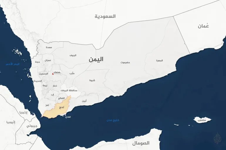 خريطة لمحافظات اليمن تبين موقع محافظة لحج وقربها من عدن