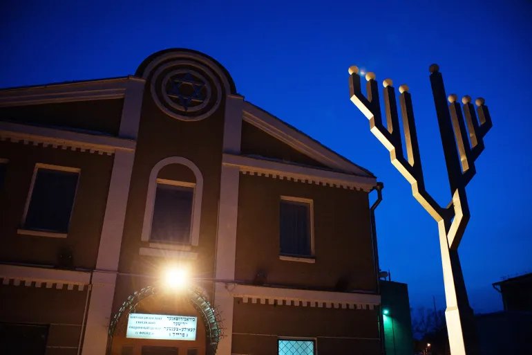 A menorah, a seven-branched candelabra is pictured outside a synagogue on March 11, 2011 in Birobidjan City, administrative center of the Jewish autonomous region, Russia.