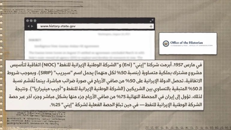 مذكرة أمريكية تعود إلى أغسطس/آب 1957 تصف اتفاق إيني وإيران وتفاصيل صيغة 75/25