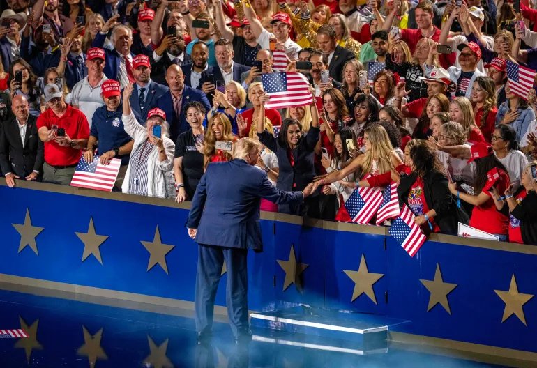 epa13230716 US President Donald Trump greets supporters before speaking on the second day of the Midterm Republican National Convention (RNC) at the American Airlines Center in Dallas, Texas, USA, 10 September 2026. The two-day event, conceived by US President Donald Trump to spotlight key midterm congressional races, runs 09 to 10 September. EPA/JEFF MCWHORTER