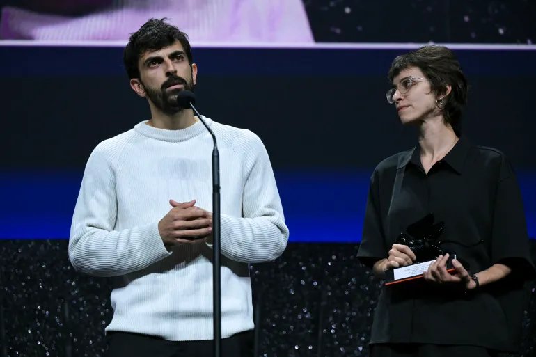 Director Yuval Abraham and Director Rachel Szor receive the Special Jury Prize for "Naza" during the closing ceremony of the 83rd Venice Film Festival at Venice Lido on September 12, 2026. (Photo by Stefano Rellandini / AFP)
