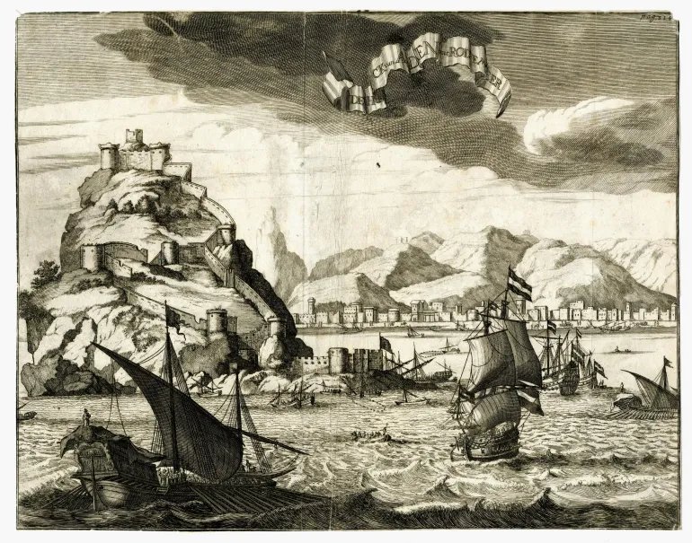 **صوره داخليه** Aden, From 'Naukeurige Beschryving van Asie: behelsende de Gewesten van Mesopotamie, Babylonie, Assyrie, Anatolie, of Klein Asie' by Olfert Dapper (Amsterdam, 1680), Yemen, 1680. (Photo by Olfert Dapper/Royal Geographical Society via Getty Images)