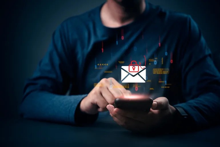 Cybersecurity threat, phishing email scam concept. Man hand on phone, data breach danger. Hacker attack, internet fraud, password stealing. Spam message, virus, security risk warning.