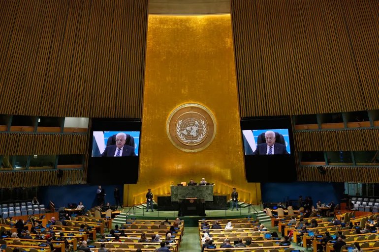 Palestinian President Mahmoud Abbas speaks via pre-recorded video after being denied a visa to attend in person during the 81st session of the United Nations General Assembly at United Nations headquarters, Thursday, Sept. 24, 2026. (AP Photo/Seth Wenig)