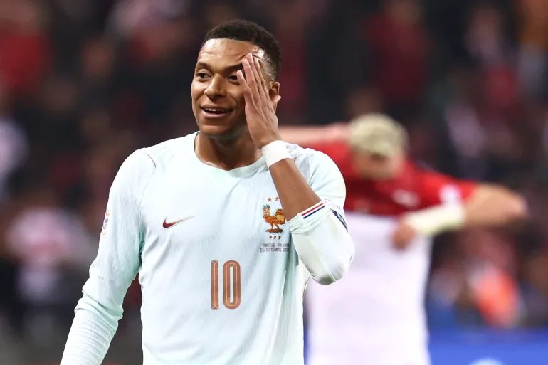 France's forward #10 Kylian Mbappe reacts during the UEFA Nations League (League A, Group 1) first leg football match between Turkey and France at the Kocaeli Stadium in Izmit, on September 25, 2026. (Photo by FRANCK FIFE / AFP)