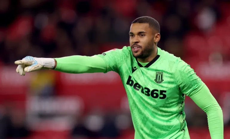 STOKE ON TRENT, ENGLAND - APRIL 21: Gavin Bazunu of Stoke City during the Sky Bet Championship match between Stoke City and Millwall at Bet365 Stadium on April 21, 2026 in Stoke on Trent, England. (Photo by Carl Recine/Getty Images)