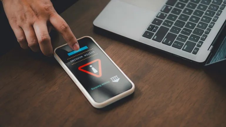 Emergency warning alert alarm on Smartphone, Data network protection, mobile cybersecurity or a password to confirm login in the online banking application. security technology digital information.