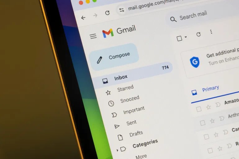 Portland, OR, USA - Nov 6, 2023: Standard Gmail view in the Google Chrome browser on a MacBook Air laptop computer. Gmail is a free email service provided by Google.