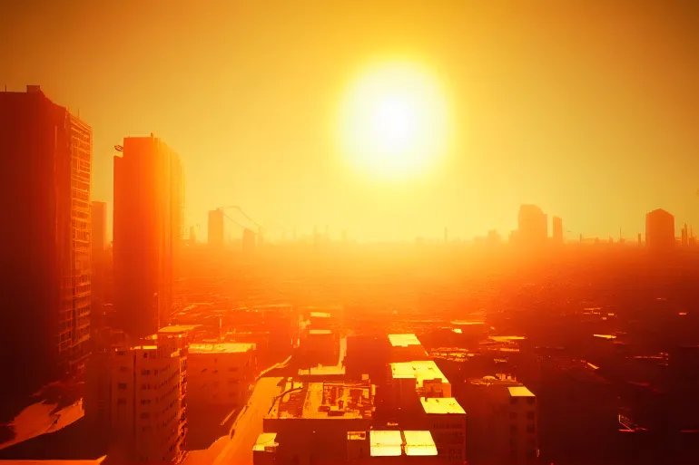 Heatwave over a city, bright sun, global warming, urban heat island. Generative AI technology adobe stock
