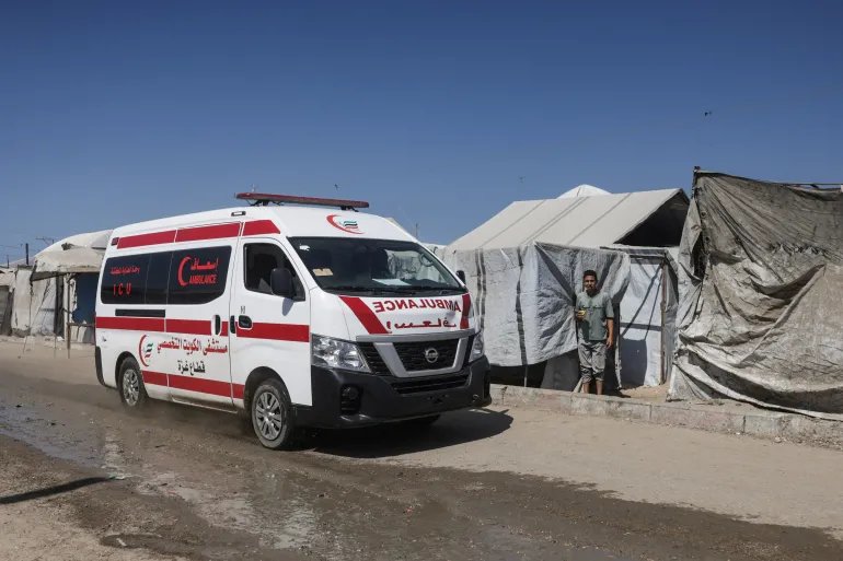 An ambulance rushes to a site targeted by an Israeli strike in Al-Mawasi area of Khan Yunis in the southern Gaza Strip on September 25, 2026. (Photo by BASHAR TALEB / AFP)
