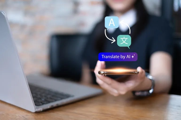 Person using artificial intelligence AI translation international language global digital app online chat communication futuristic technology system innovation support assistant concept adobe stock