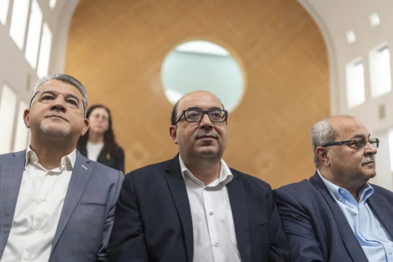 (L to R) Arab lawmakers Yousef Jabareen,Sami Abu Shehadeh, and Ahmad Tibi attend a hearing at the Supreme Court in Jerusalem on October 1, 2026.