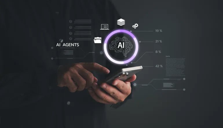 AI agent mobile interface showing user interacting with smartphone, symbolizing artificial intelligence integration, smart assistant, data analysis, and digital transformation in modern tech.
