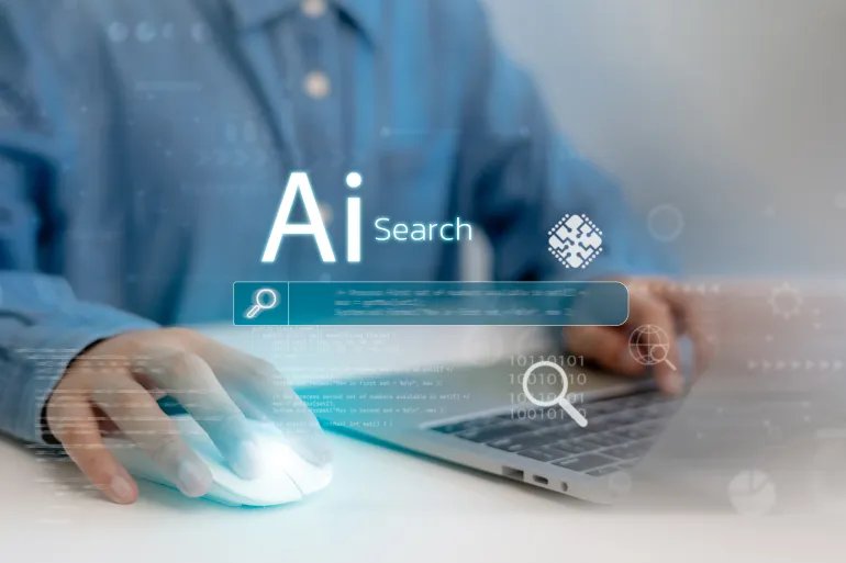 Ai search tech concept, Person use laptop with AI search engine bar for data search optimization by artificial intelligence technology.