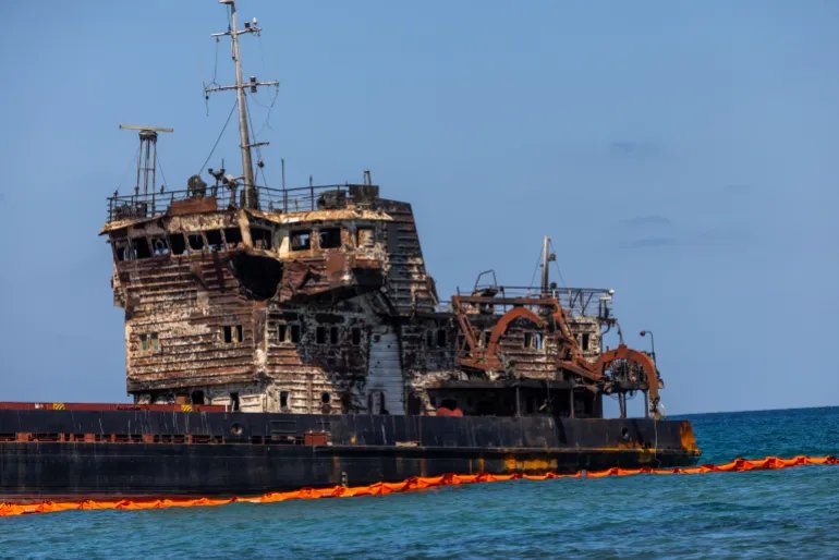ISTANBUL, TURKEY - SEPTEMBER 02: The heavily damaged Russian-flagged cargo ship OMSKIY-107 is seen washed ashore at Alacalı Beach on September 02, 2026 in the Sile district of Istanbul, Turkey. The 108-meter bulk carrier drifted ashore after its crew reportedly abandoned the ship in lifeboats, following a drone attack that struck the vessel in the Black Sea. (Photo by Burak Kara/Getty Images)