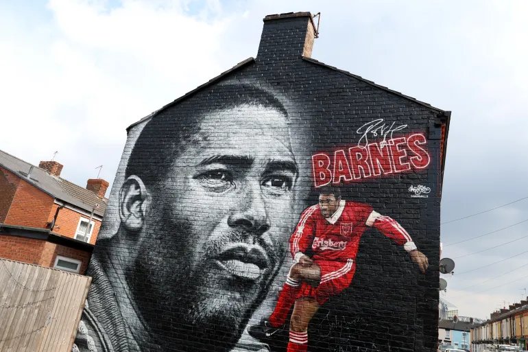 LIVERPOOL, ENGLAND - APRIL 22: A new mural of former Liverpool player, John Barnes, is seen prior to the Premier League match between Liverpool FC and Nottingham Forest at Anfield on April 22, 2023 in Liverpool, England. (Photo by Clive Brunskill/Getty Images)