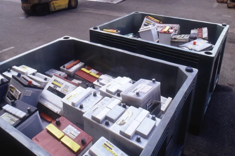 Old car batteries are collected for shipment to the Metaleurop recycling center in Villefranche-sur-Saone, France. Metaleurop is a European company that processes and recycles special metals. (Photo by Alain Nogues/Sygma/Sygma via Getty Images)