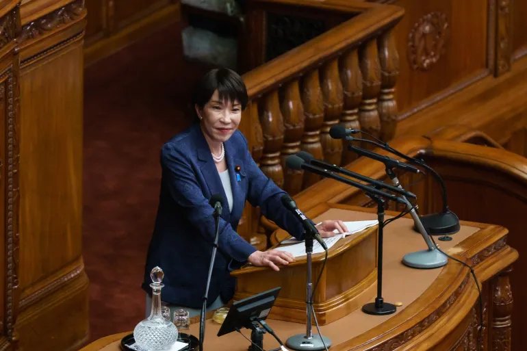 TOKYO, JAPAN - OCTOBER 05: Japanese Prime Minister Sanae Takaichi delivers a policy speech at the lower house of the Diet on October 05, 2026 in Tokyo, Japan. Japan's extraordinary diet session opened today.  (Photo by Tomohiro Ohsumi/Getty Images)