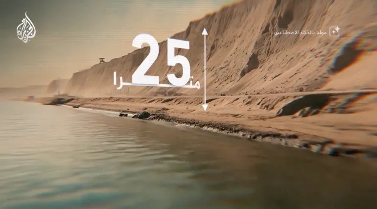 محاكاة تُظهر الساتر الترابي لخط بارليف على الضفة الشرقية لقناة السويس، ويشير الفيلم إلى ارتفاعه الذي بلغ 25 مترا